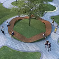 Circular Landscape Bench In Urban Plaza With Tree Lawn Stone Path And People