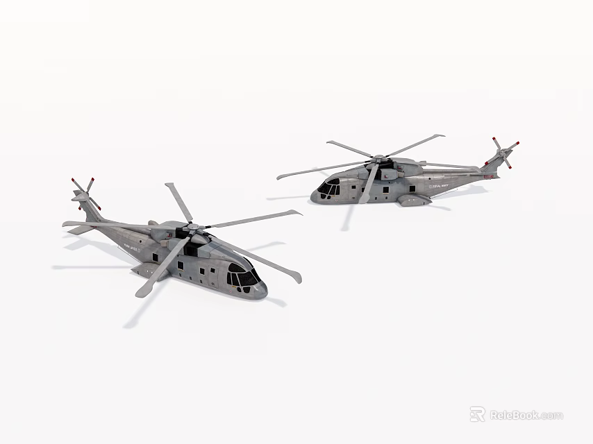 Two Gray Military Helicopters Flying With Rotors And Detailed Design 3d model 