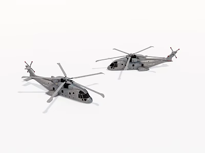 Two Gray Military Helicopters Flying With Rotors And Detailed Design 3d model