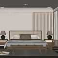 Modern Bedroom Interior With Wooden Bed Frame Wicker Chair Nightstands Decorative Pillows And Bookshelf
