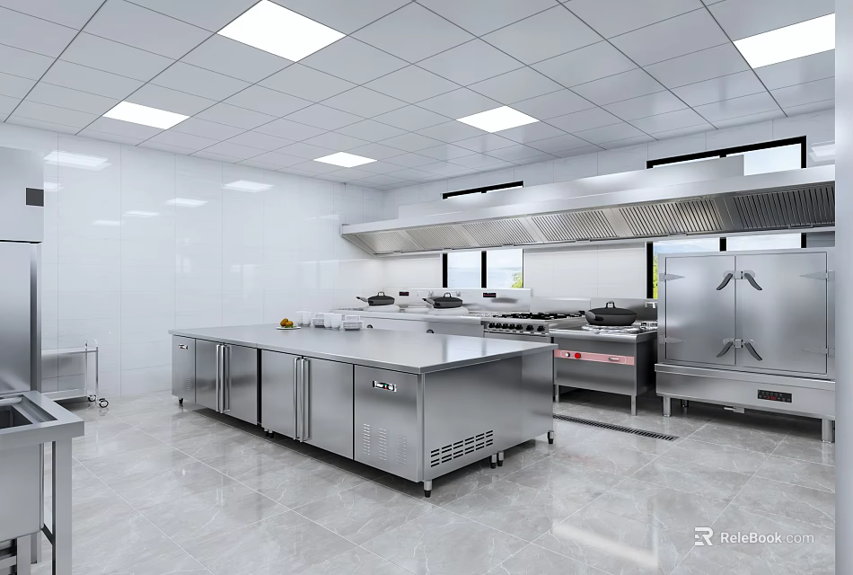 Modern Commercial Kitchen Interior With Stainless Steel Equipment And Cooking Workbench 3d model 