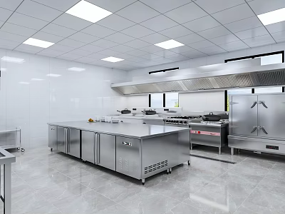 Modern Commercial Kitchen Interior With Stainless Steel Equipment And Cooking Workbench 3d model