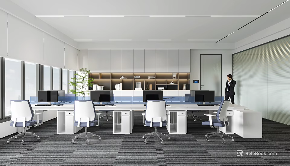 Modern Office Interior Design With Workstations Computers Ergonomic Chairs And Green Plants 3d model