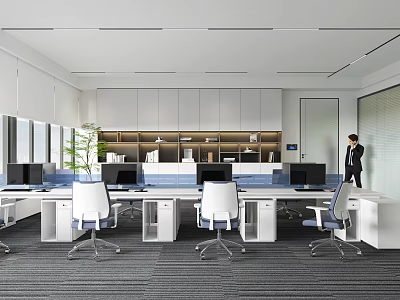 Modern Office Interior Design With Workstations Computers Ergonomic Chairs And Green Plants 3d model