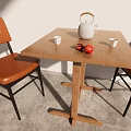 Brown Leather Leisure Chairs with Wooden Table White Kettle Cups and Red Fruits in Modern Setting