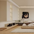 Modern Bedroom Interior With Wooden Bed Decorative Painting Area Rug And Plants