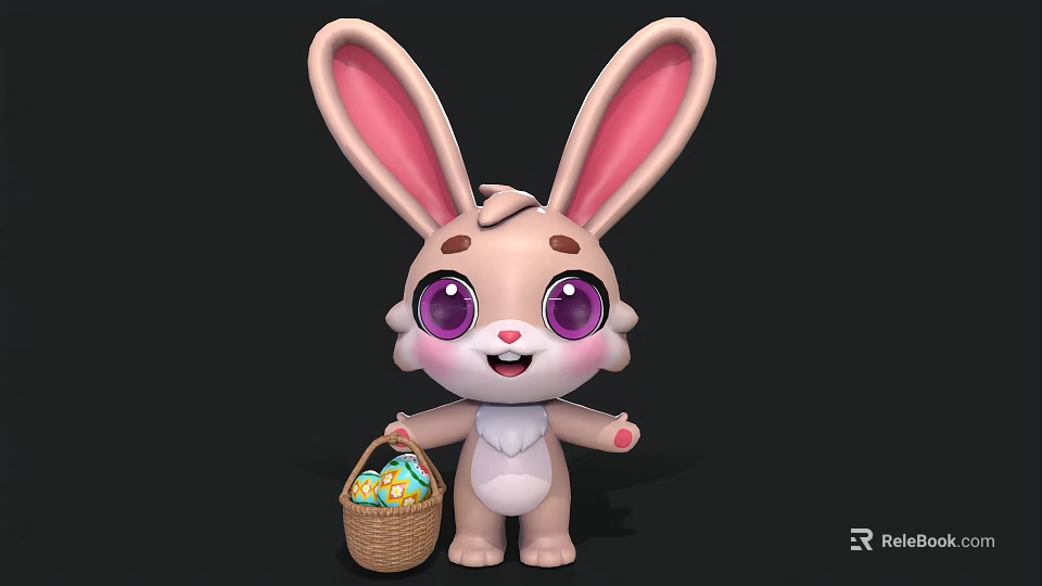 Cute 3D Rabbit Character With Long Ears Purple Eyes Holding Basket Of Colorful Eggs 3d model 