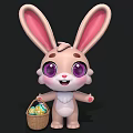 Cute 3D Rabbit Character With Long Ears Purple Eyes Holding Basket Of Colorful Eggs