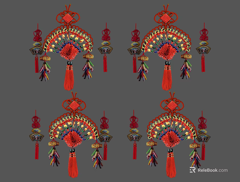 Traditional Chinese Knot Pendant with Red Fan Shaped Design and Hanging Tassels for Home Decor 3d model 