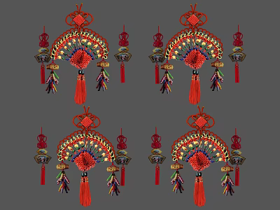 Traditional Chinese Knot Pendant with Red Fan Shaped Design and Hanging Tassels for Home Decor 3d model