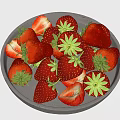 Fresh Ripe Strawberries on Gray Plate with Whole and Sliced Pieces and Green Leaves