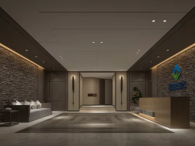 Modern Reception Area Design With Reception Desk Waiting Sofa Stone Wall And Company Logo 3d model