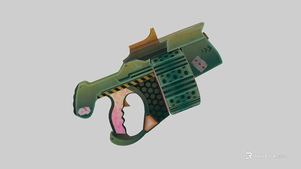 Decorative Green Pistol With Dice Patterns Stripes And Warning Details 3d model