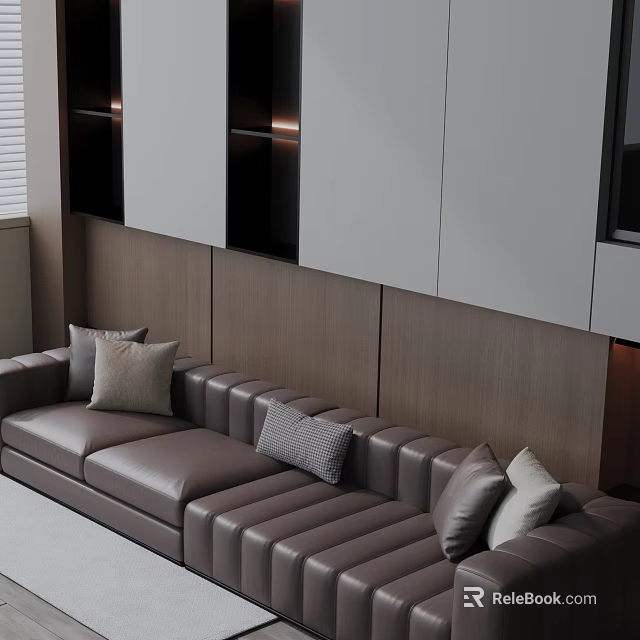 Gray Leather Three Seater Sofa With Decorative Cushions And Wooden Wall Panel Background 3d model 