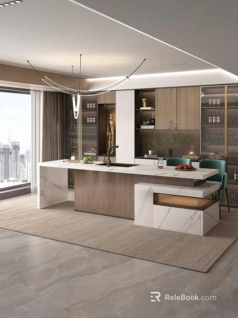 Modern Kitchen Interior With Marble Island Wooden Cabinets Pendant Light Green Chairs And City View 3d model 