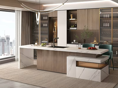Modern Kitchen Interior With Marble Island Wooden Cabinets Pendant Light Green Chairs And City View 3d model