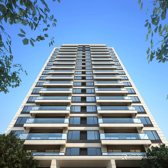 Tall Modern Residential Building With Multiple Floors Balconies And Blue Sky Background 3d model 