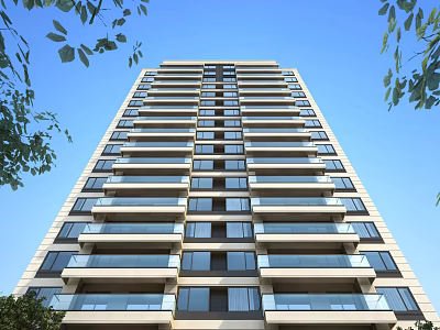 Tall Modern Residential Building With Multiple Floors Balconies And Blue Sky Background 3d model