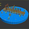 Wooden Boardwalk Structure On Circular Blue Water Platform With Yellow Plants And Stones