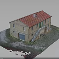 Brick Building Featuring Red Roof Green Door Staircase Garage Door on Grassy Surface
