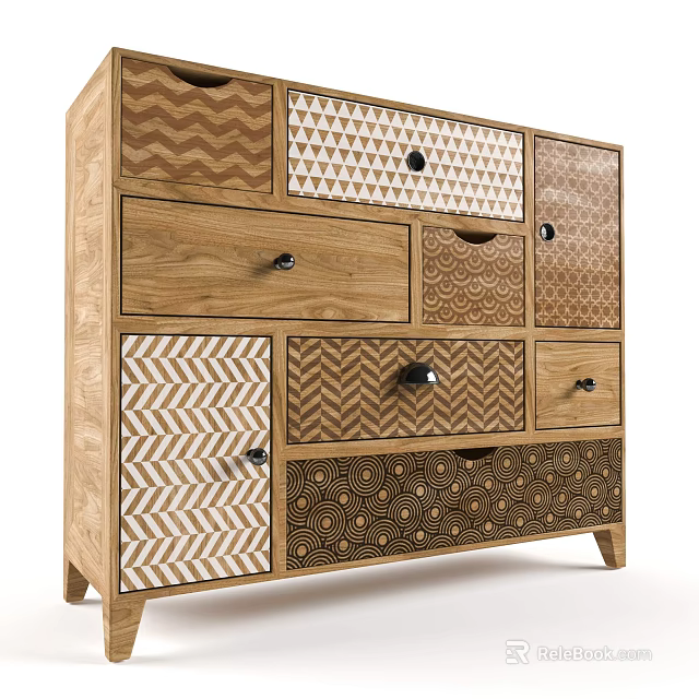 Wooden Console Cabinet With Geometric Chevron Triangle Patterns Multiple Drawers And Doors For Entryway Decor 3d model 