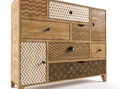 Wooden Console Cabinet With Geometric Chevron Triangle Patterns Multiple Drawers And Doors For Entryway Decor 3d model
