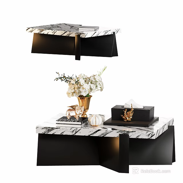 Elegant Coffee Table With Marble Top Black Legs Vase Flowers And Books 3d model 
