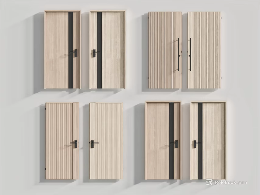 Wooden Hinged Doors With Black Stripes And Various Handle Designs 3d model 