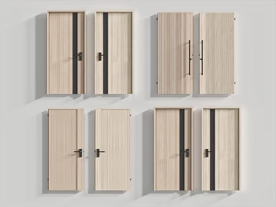 Wooden Hinged Doors With Black Stripes And Various Handle Designs 3d model