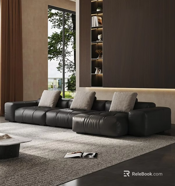Modern Living Room With Black Leather Sofa Gray Cushions Large Window Tree View Dark Wall 3d model 