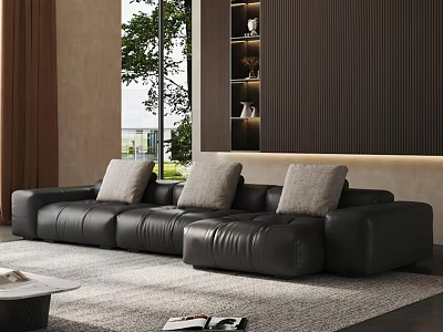 Modern Living Room With Black Leather Sofa Gray Cushions Large Window Tree View Dark Wall 3d model