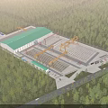 Industrial Factory Plant Outdoor Yard With Yellow Cranes Buildings Stacked Materials And Ground Warning Stripes