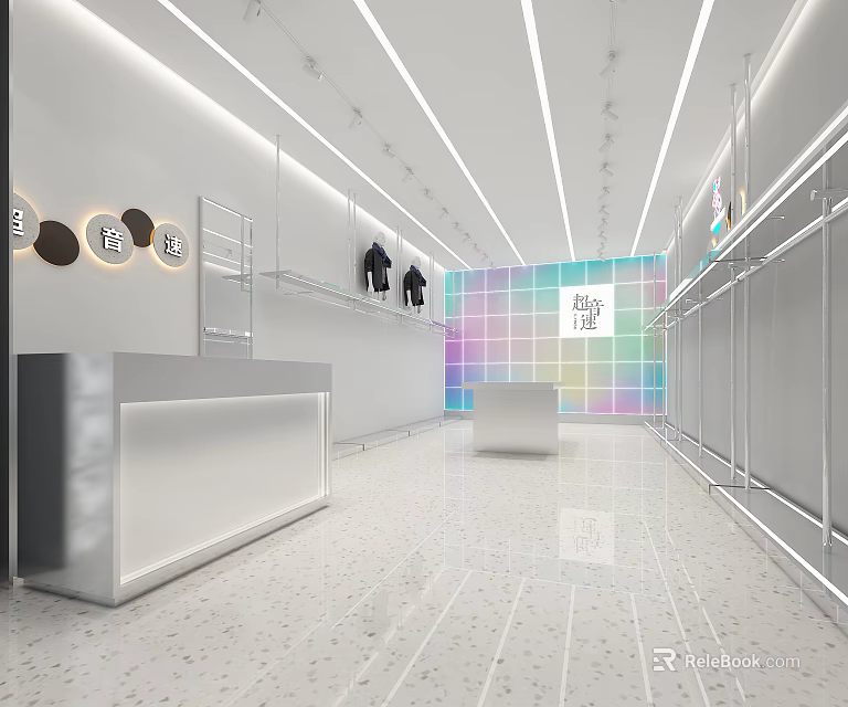 Modern Clothing Store Interior With Bright Lighting Display Racks And Colorful Backdrop 3d model 