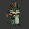 Green cat wearing colorful scarf holding white bottle with small bird on head
