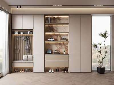 Modern Functional Shoe Cabinet Design With Bench Seat Coat Hooks And Potted Plant 3d model
