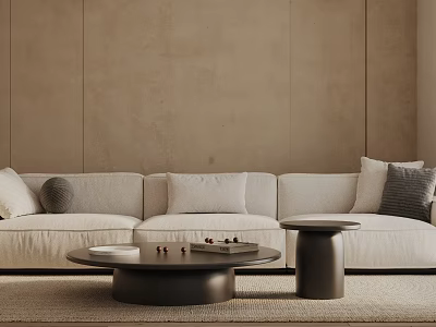 Minimalist Living Room With Light Colored Three Seater Sofa Coffee Table Side Table And Pillows 3d model