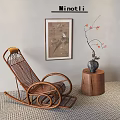 Minotti Wicker Rocking Chair With Wooden Stool Vase And Wall Art
