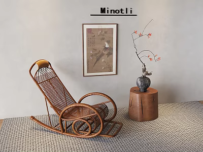 Minotti Wicker Rocking Chair With Wooden Stool Vase And Wall Art 3d model