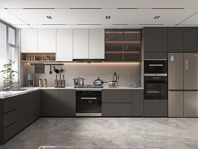 Modern Kitchen Interior Design With Gray Cabinets Integrated Appliances And Open Shelves 3d model