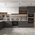 Modern Kitchen Interior Design With Gray Cabinets Integrated Appliances And Open Shelves
