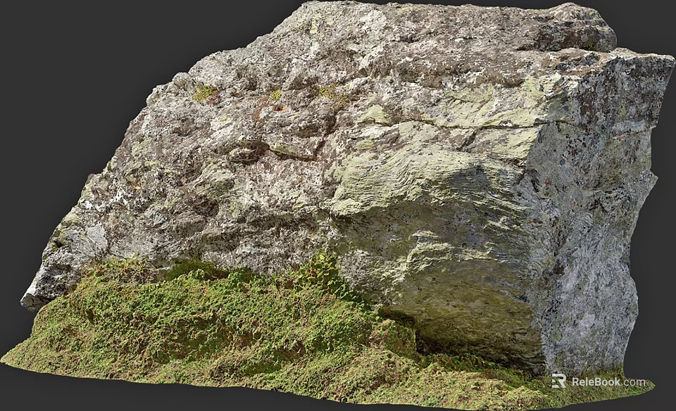 Natural Rough Stone And Wood Elements With Green Moss For Garden Decoration 3d model 
