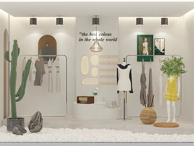 Fashion Window Display with Mannequins in White Yellow Dresses Cactus Green Plants and Wall Decor 3d model