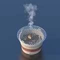 Household Container With Mesh Lid And Red White Stripes Showing Rising Steam