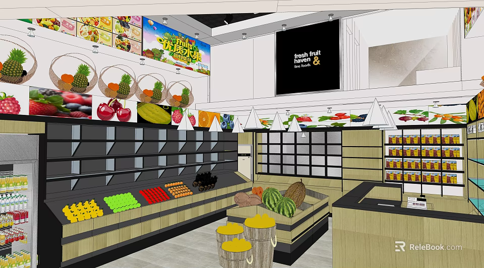Organized Fruit Store Interior With Colorful Fresh Fruits On Shelves And Display Area 3d model 