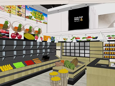 Organized Fruit Store Interior With Colorful Fresh Fruits On Shelves And Display Area 3d model