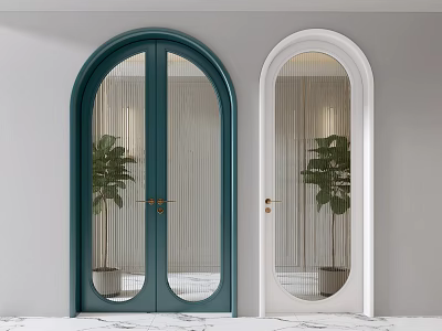 Dark Green And White Arched Swing Doors With Glass Panels And Potted Plants 3d model