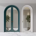 Dark Green And White Arched Swing Doors With Glass Panels And Potted Plants