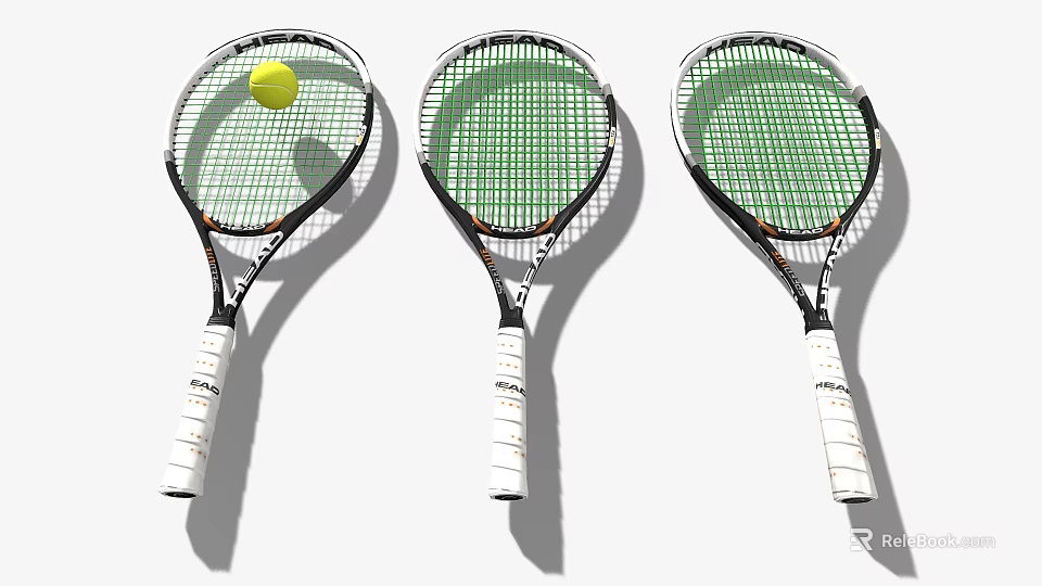 Sports Equipment Three Tennis Rackets With Green Strings White Handles And A Tennis Ball 3d model 