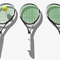 Sports Equipment Three Tennis Rackets With Green Strings White Handles And A Tennis Ball