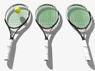 Sports Equipment Three Tennis Rackets With Green Strings White Handles And A Tennis Ball 3d model